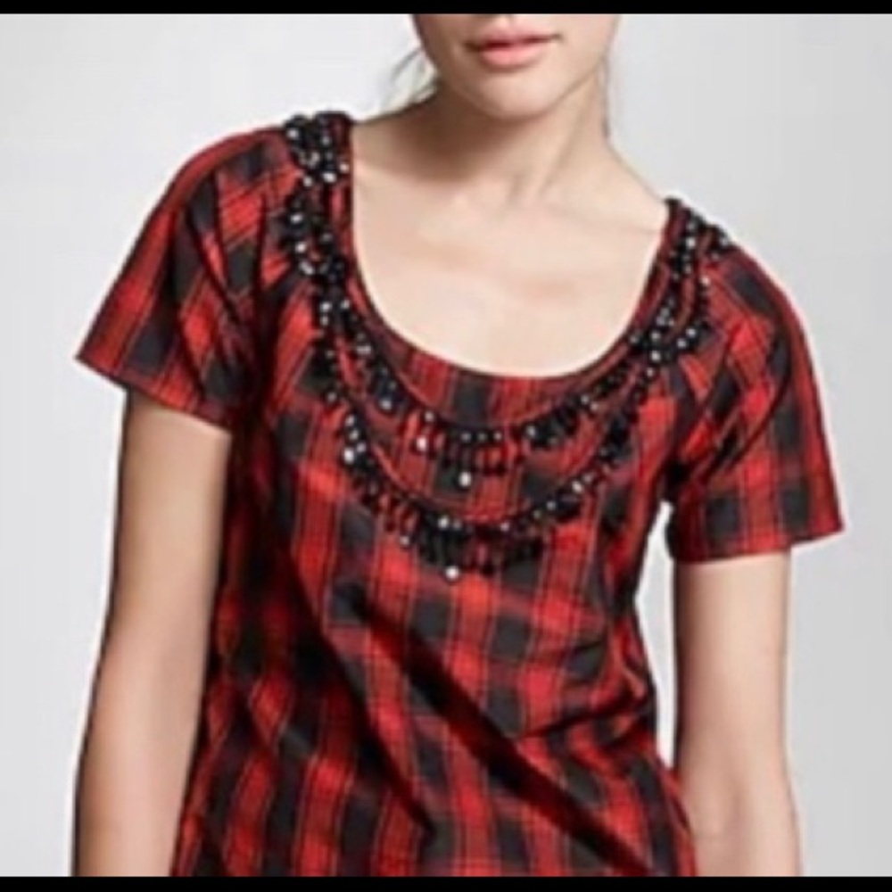 J. Crew ELIZA 100% Silk Red Tartan Beaded Top 0